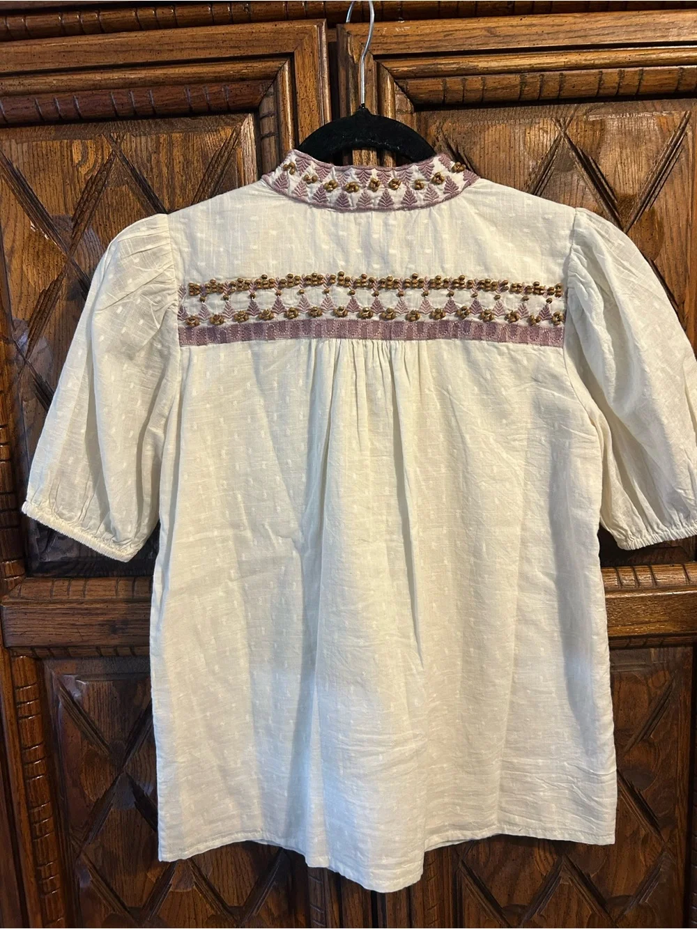 Anthropologie White Embroidered V-Neck Blouse with Pink & Gold Trim